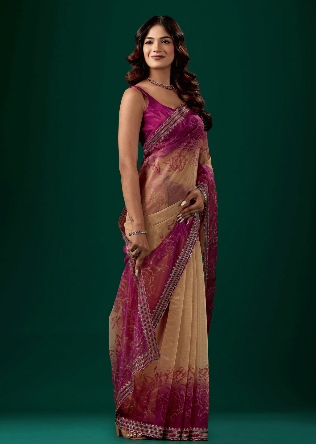 Rani Pink Organza Saree Blouse Close Up - Embellished Border Detail