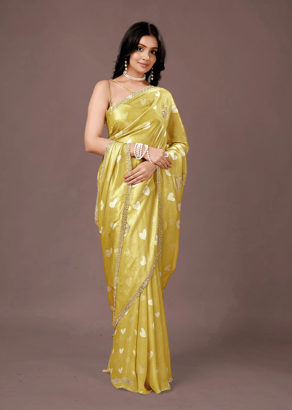 Mustard Yellow Organza Silk Saree Side Pose - Festive Wear Saree