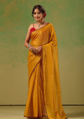 Mustard Yellow Tissue Silk Saree With Foil Butti Work - Front Look | Buy On Ethnic9
