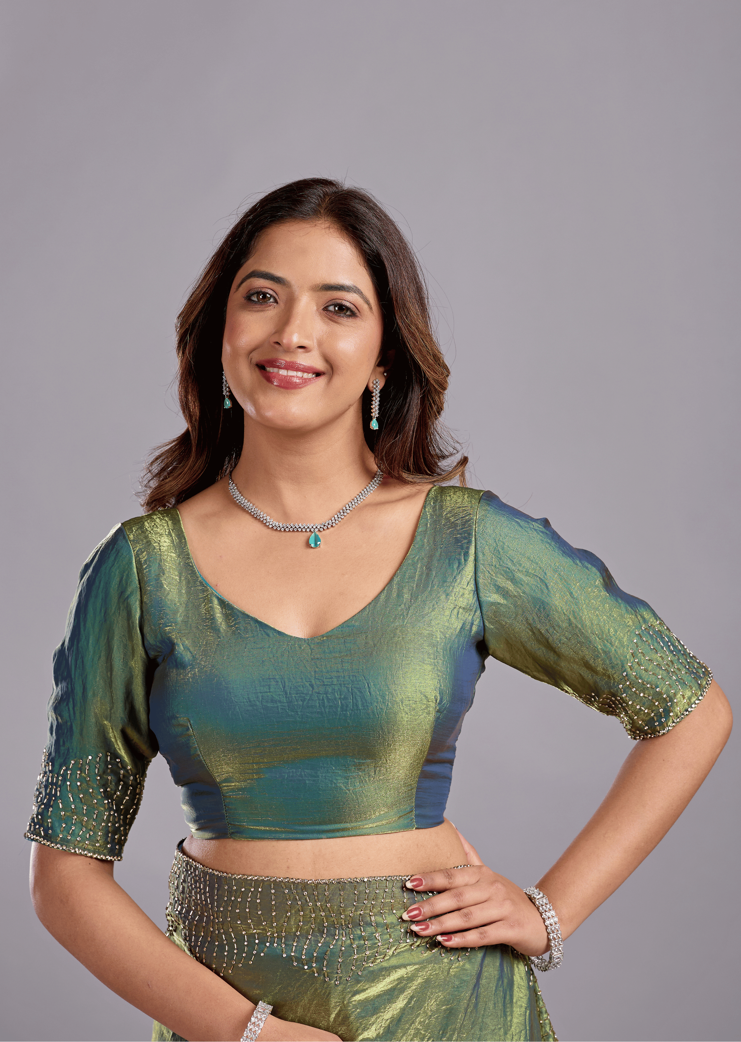 Olive Green Tissue Silk Saree With Stone Work