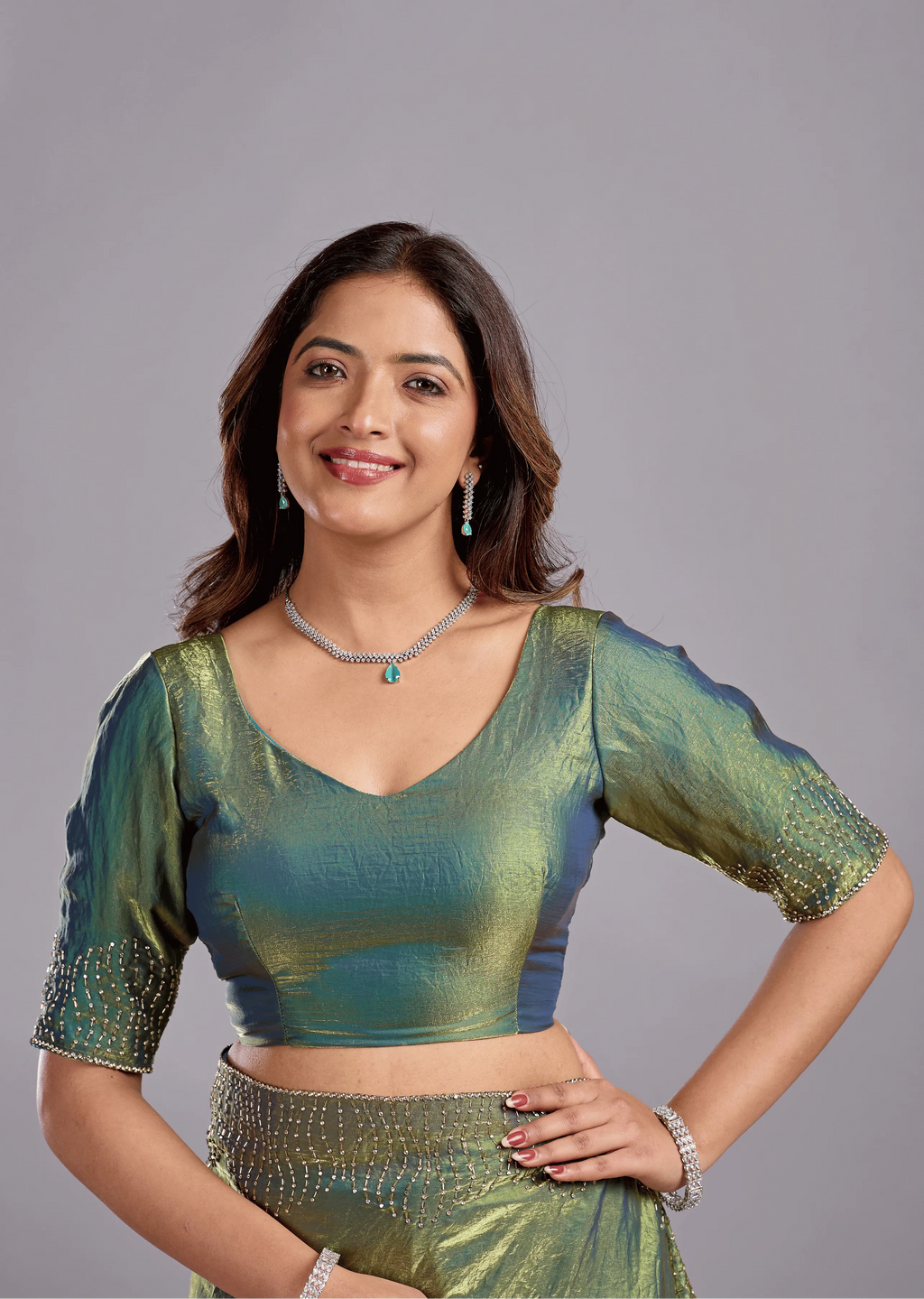 Olive Green Tissue Silk Saree Blouse Close Up - Stone Work Detailing