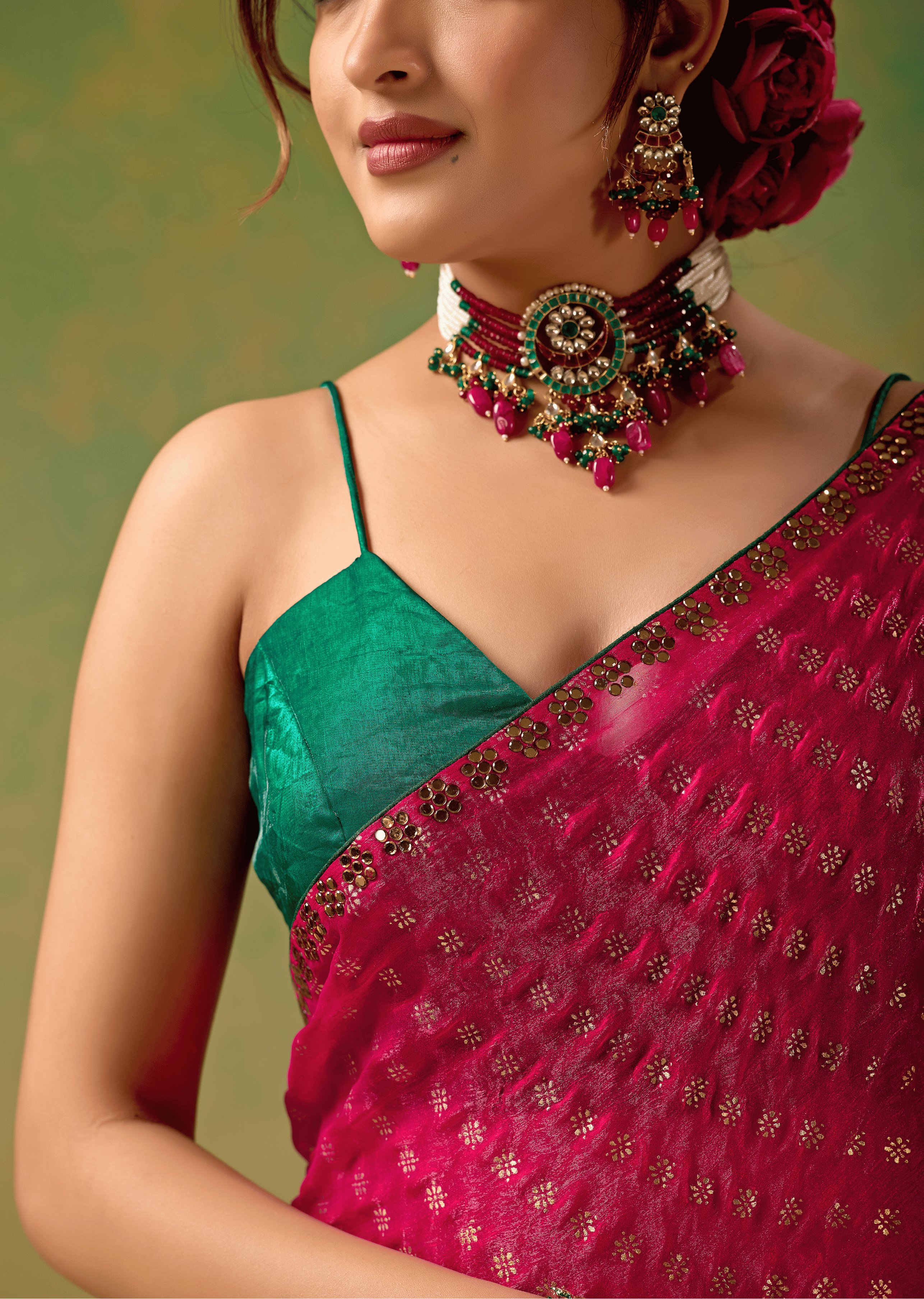 Rani Pink Tissue Silk Saree With Foil Butti Print
