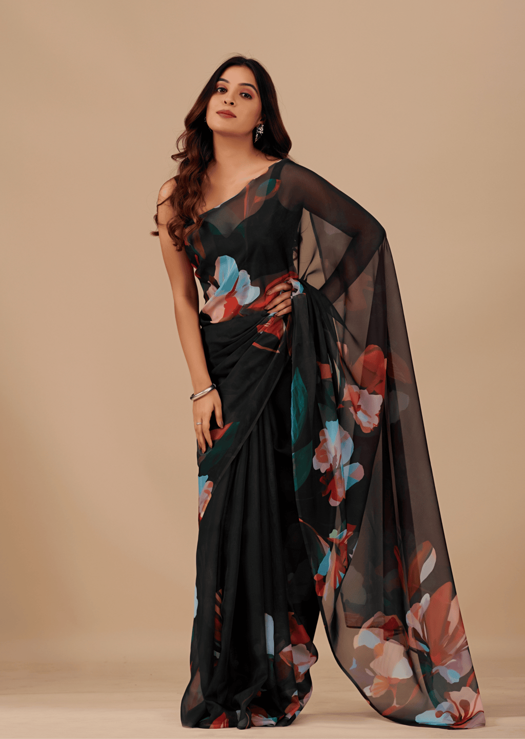 Black Soft Organza Saree With Floral Print