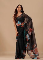 Black Soft Organza Saree With Floral Print