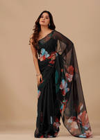  Black Soft Organza Saree With Floral Print - Front Look | Buy On Ethnic9