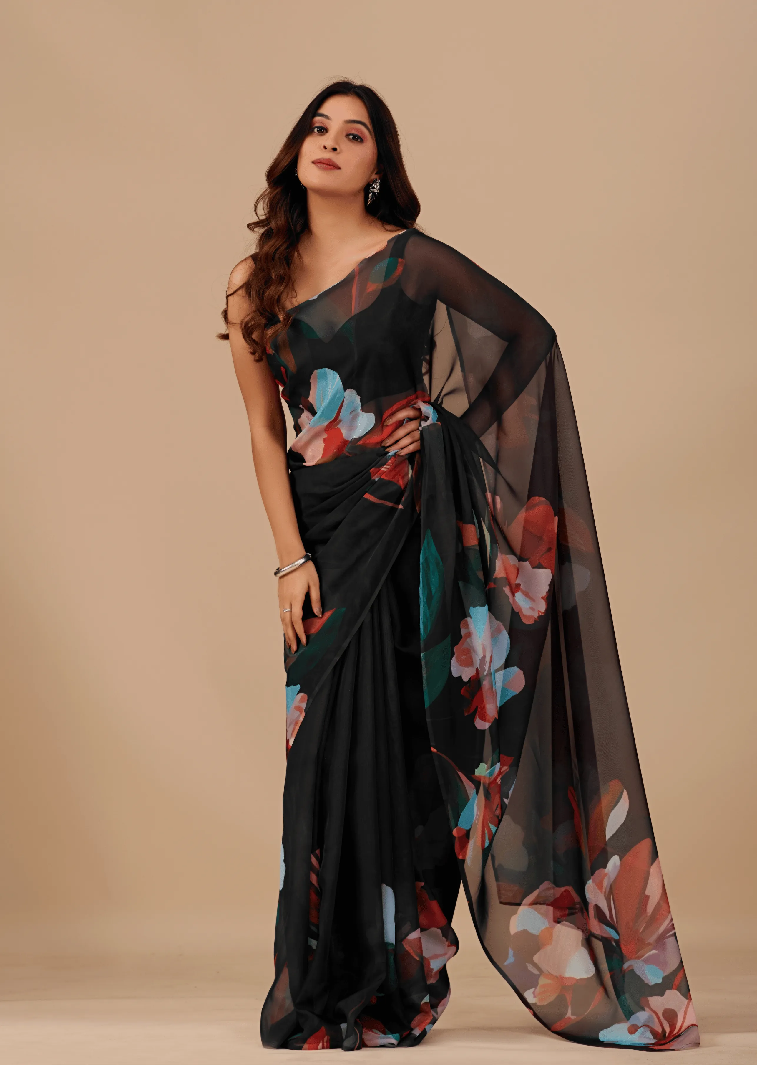  Black Soft Organza Saree With Floral Print - Front Look | Buy On Ethnic9