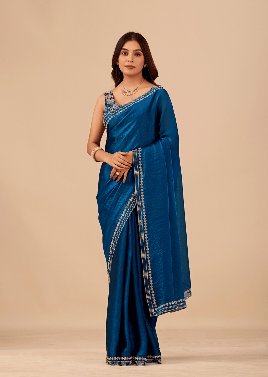 Ocean Blue Tissue Silk Saree With Crystal Border Work