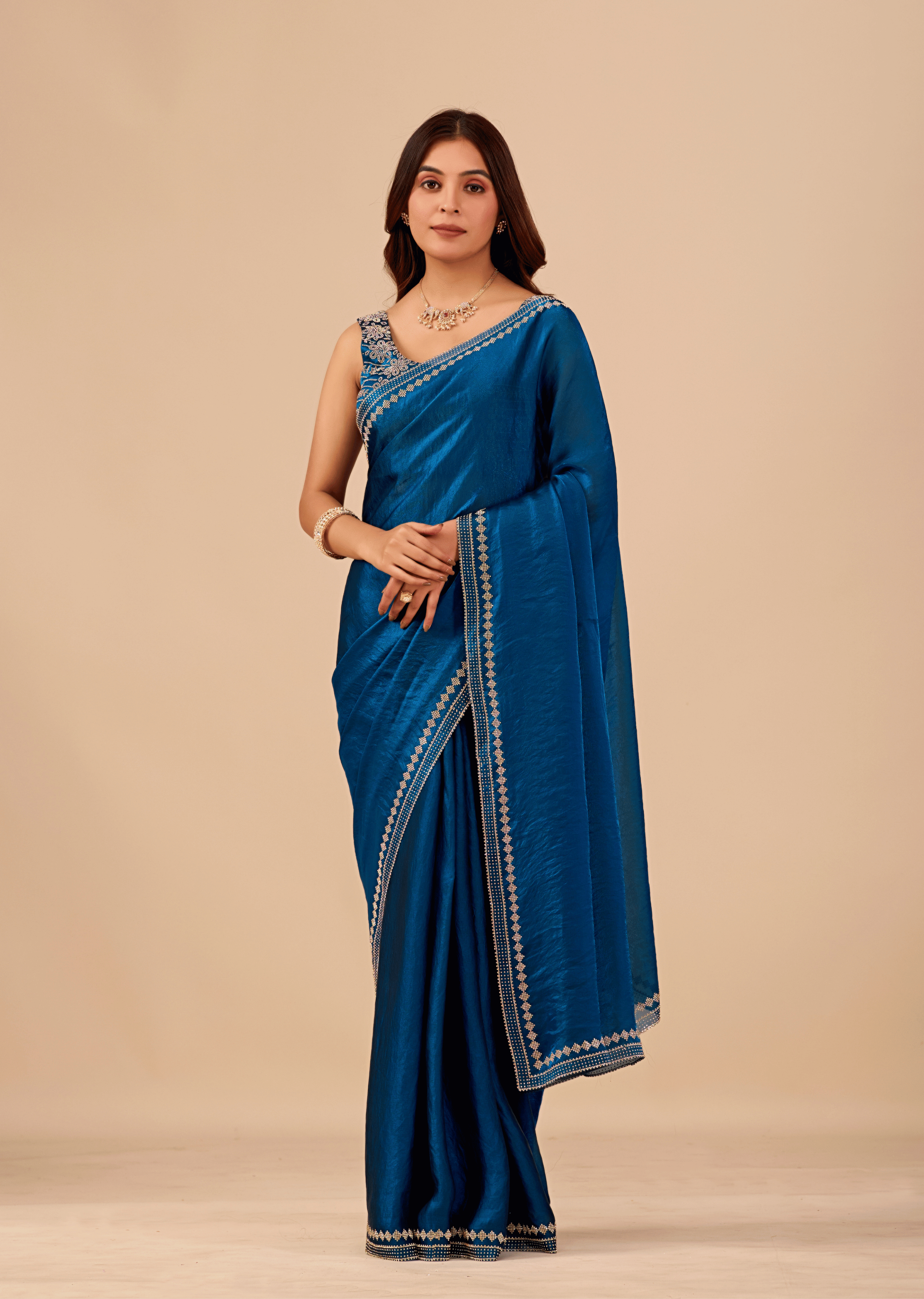 Ocean Blue Tissue Silk Saree With Crystal Border Work