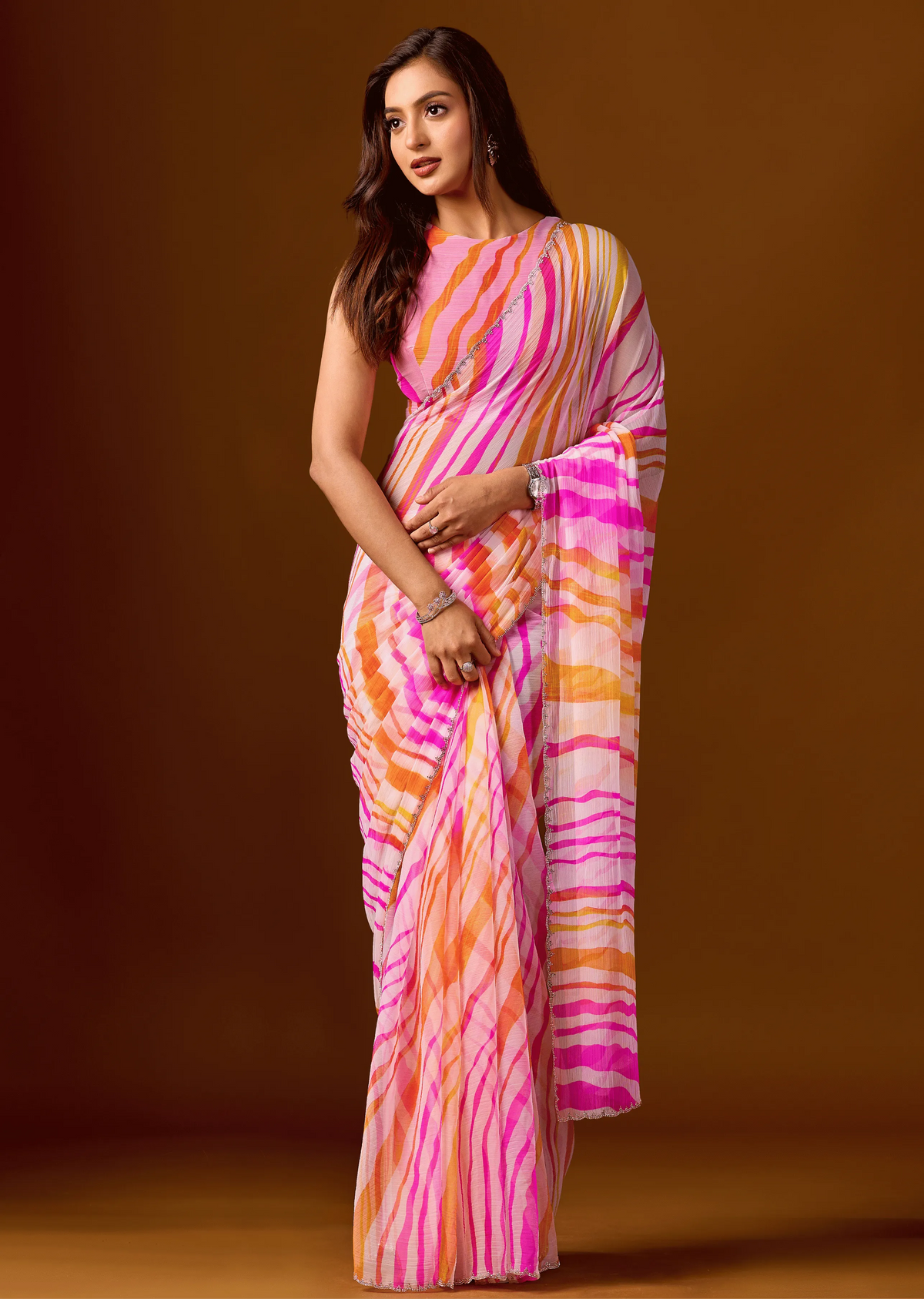 Pink Peach Chiffon Saree With Stone Work - Front Look | Buy On Ethnic9
