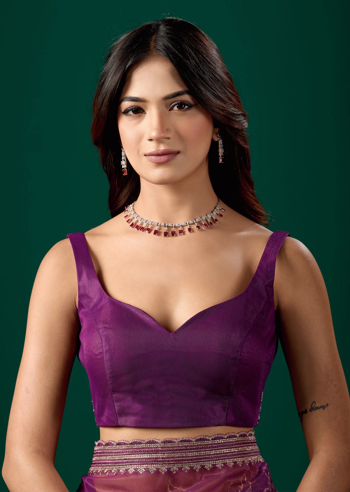 Royal Purple Organza Saree Draped Look - Floral Print Design