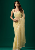 Light Yellow Chiffon Saree With Floral Embroidery - Front Look | Buy Online Ethnic9
