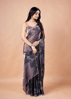 Smoky Purple Organza Silk Saree With Metallic Floral Print