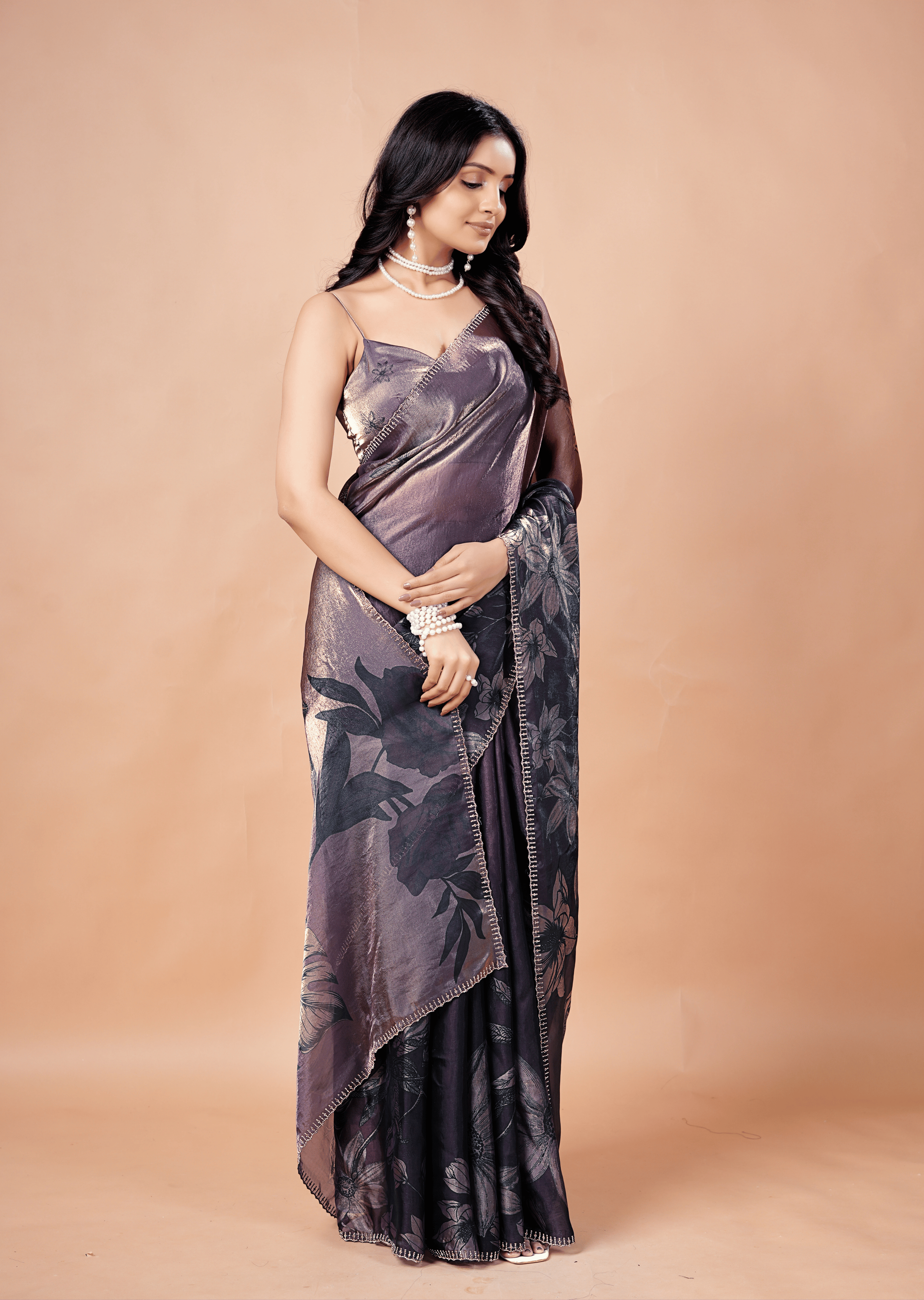 Smoky Purple Organza Silk Saree With Metallic Floral Print