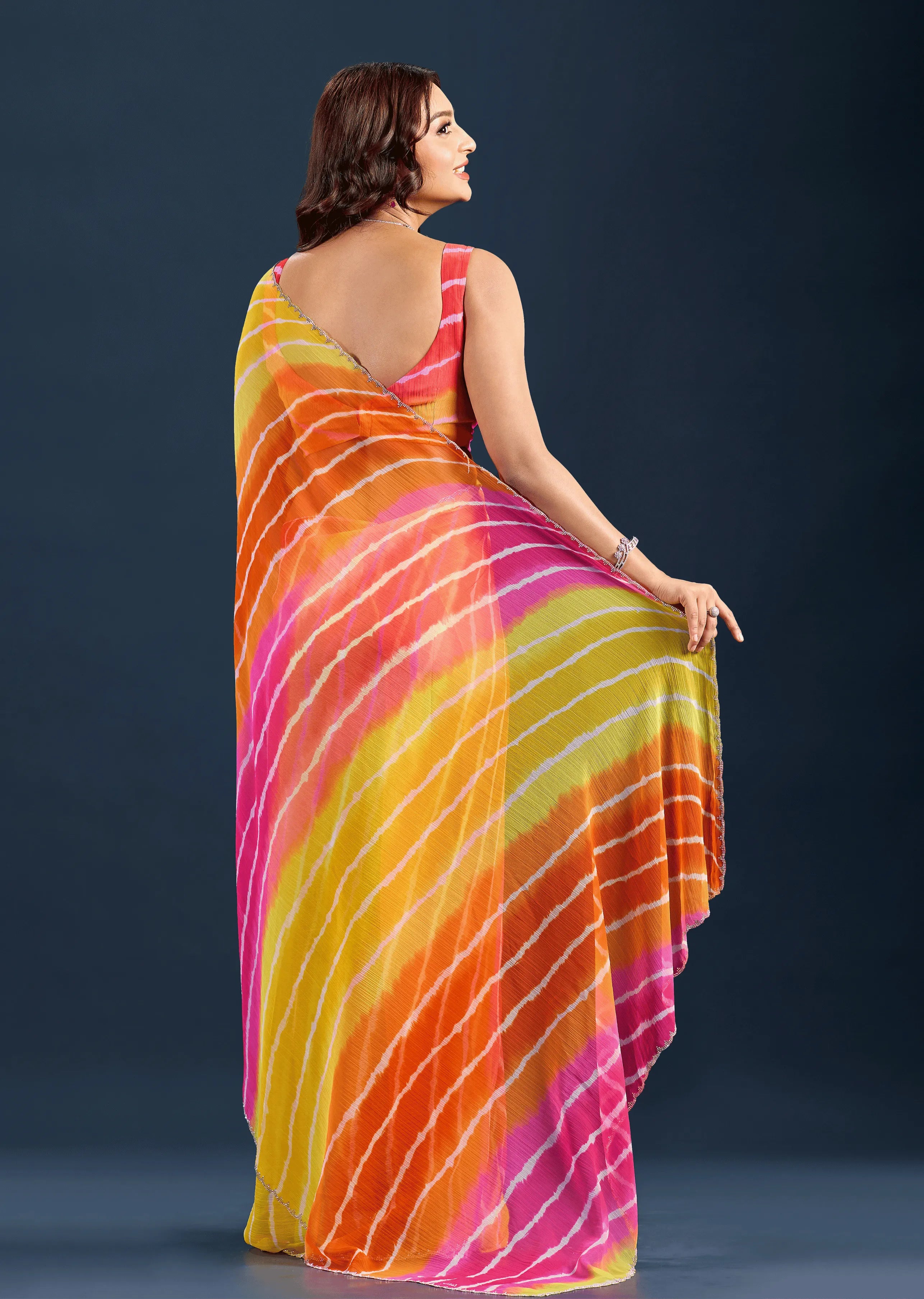 Pink Orange Chiffon Saree Back Pose - Leheriya Print Detail