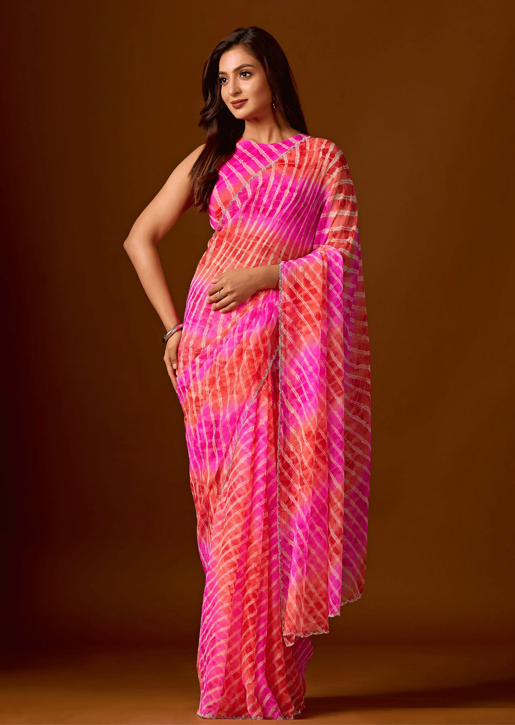 Flamingo Pink Chiffon Saree With Shibori Print