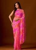Flamingo Pink Chiffon Saree With Shibori Print