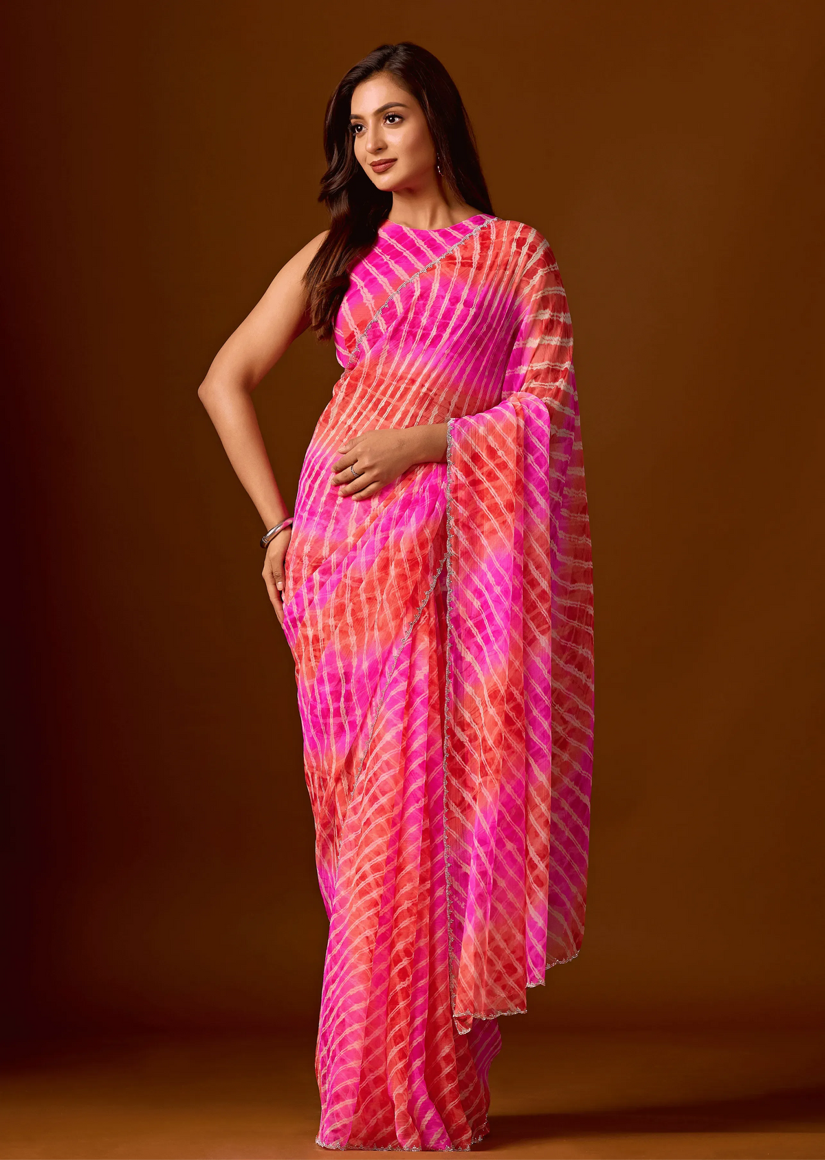 Flamingo Pink Chiffon Saree With Shibori Print