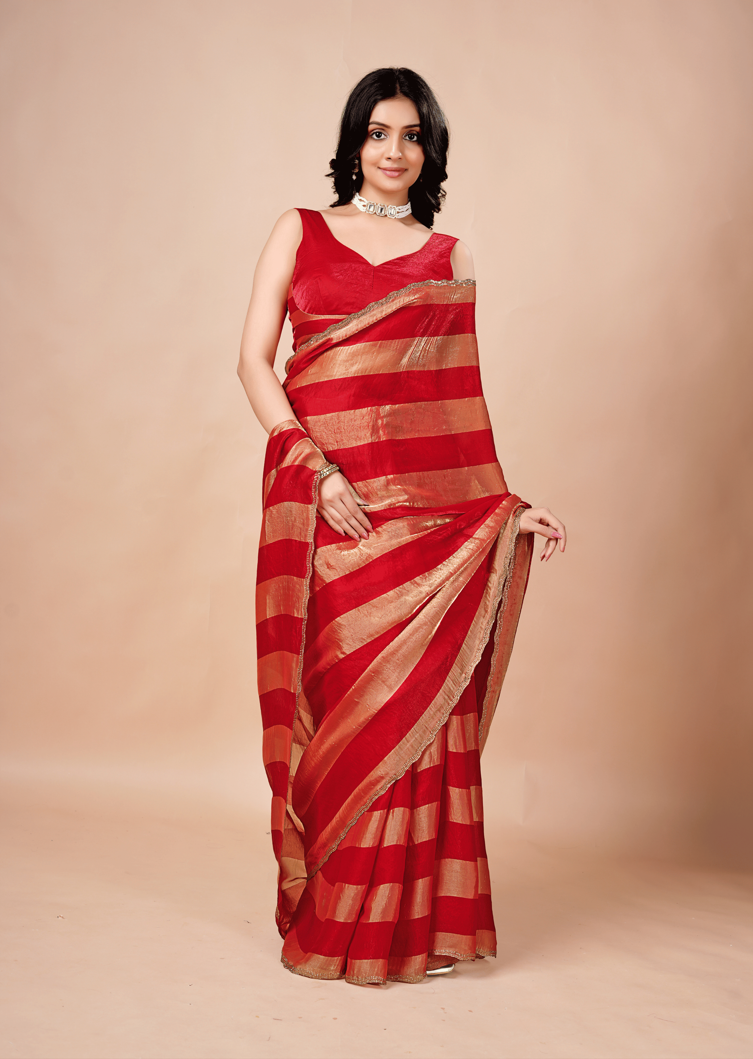 Crimson Red Tissue Silk Saree With Metallic Stripe Work