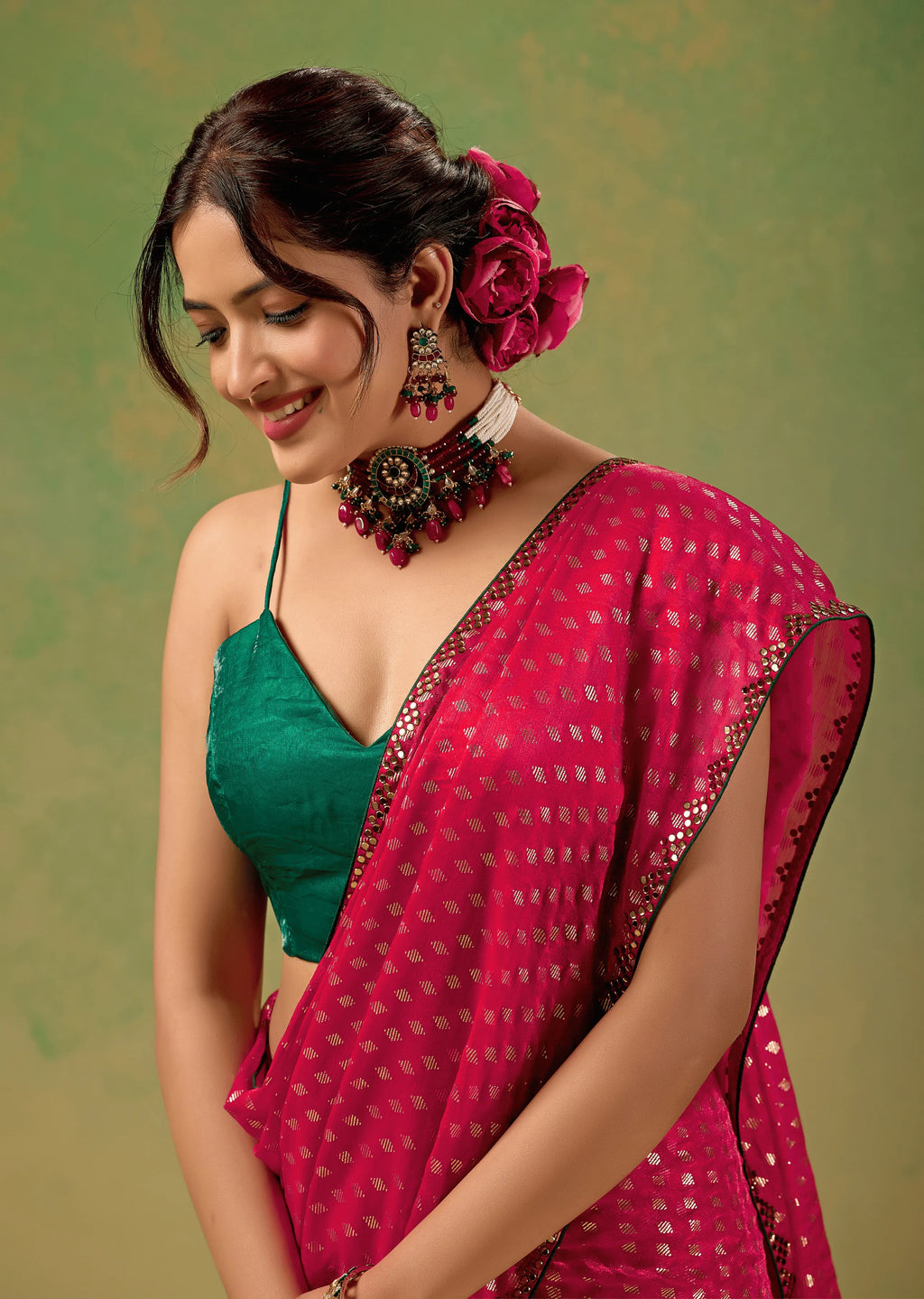 Rani Pink Tissue Silk Saree Standing Look - Festive Wear Saree