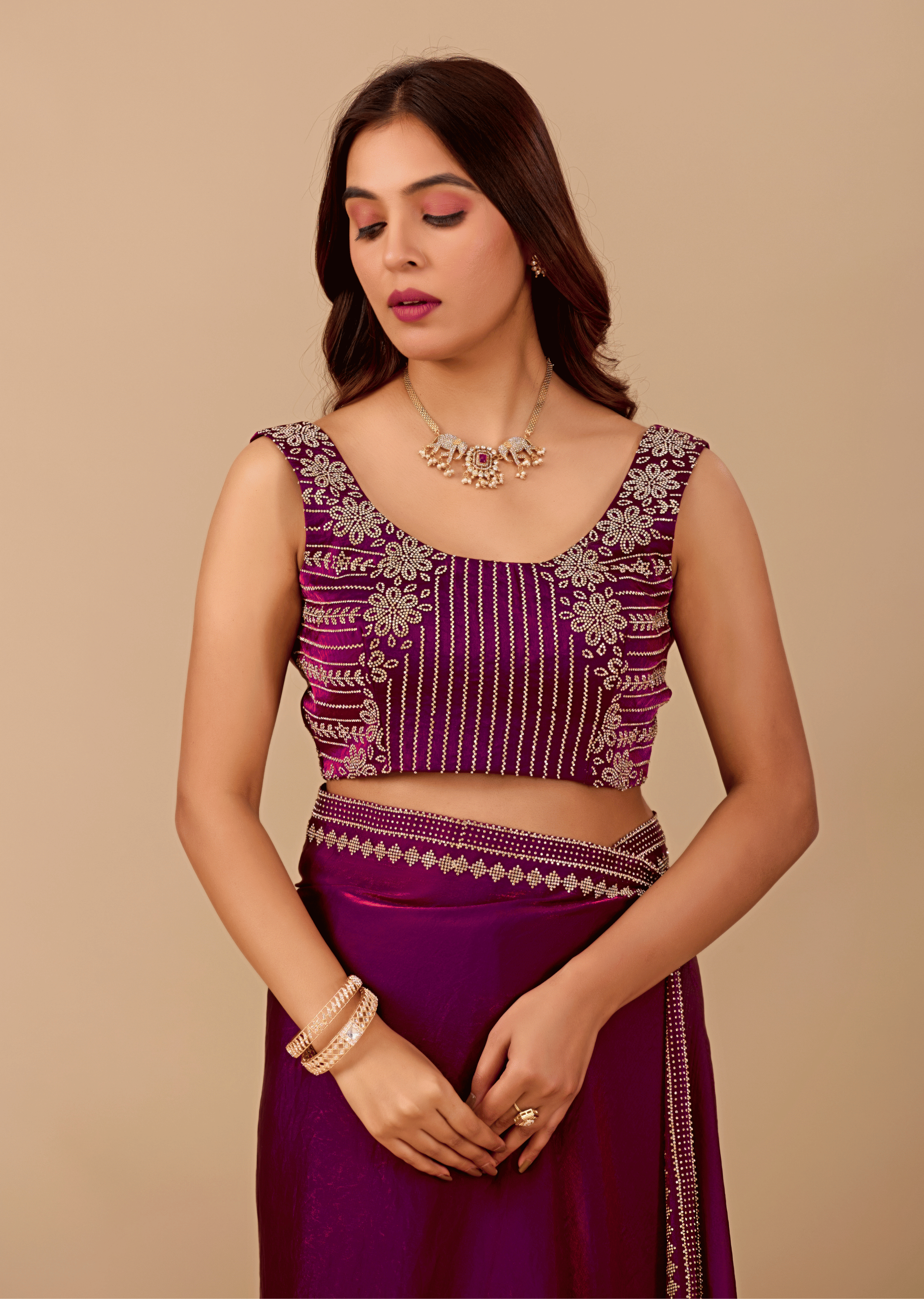 Royal Purple Tissue Silk Saree With Crystal Border Work