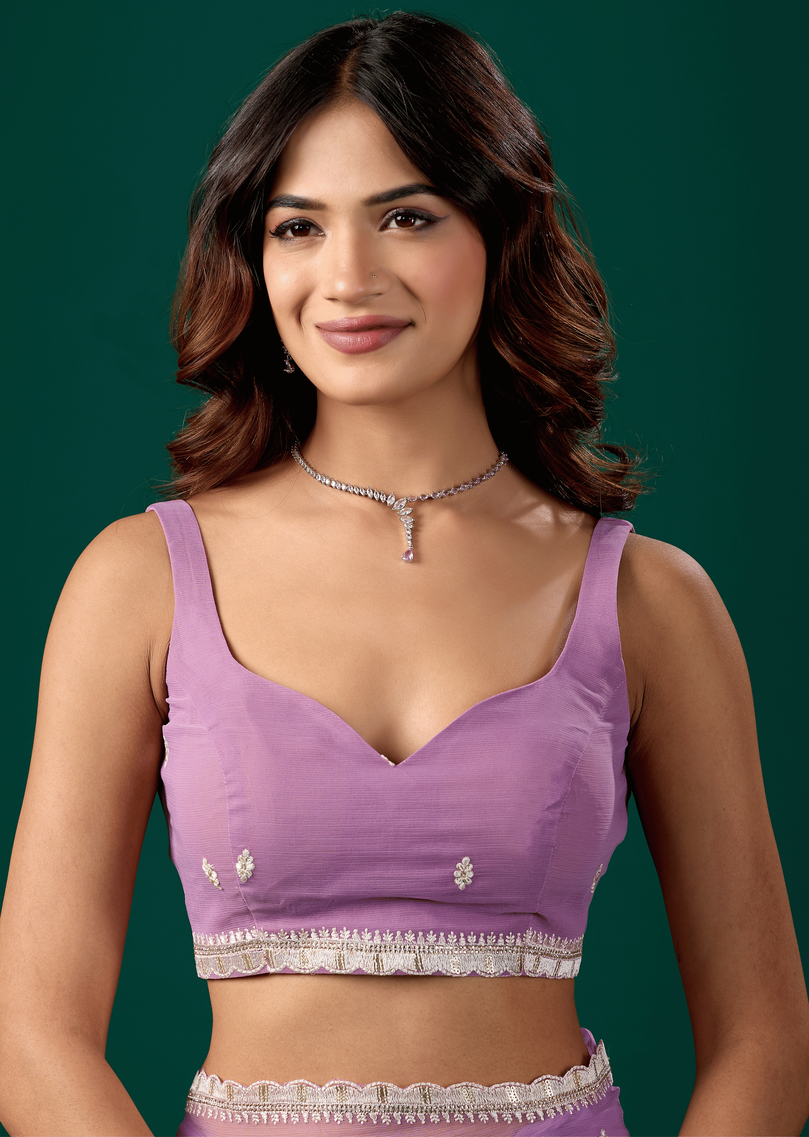 Lavender Chiffon Saree With Floral Embroidery