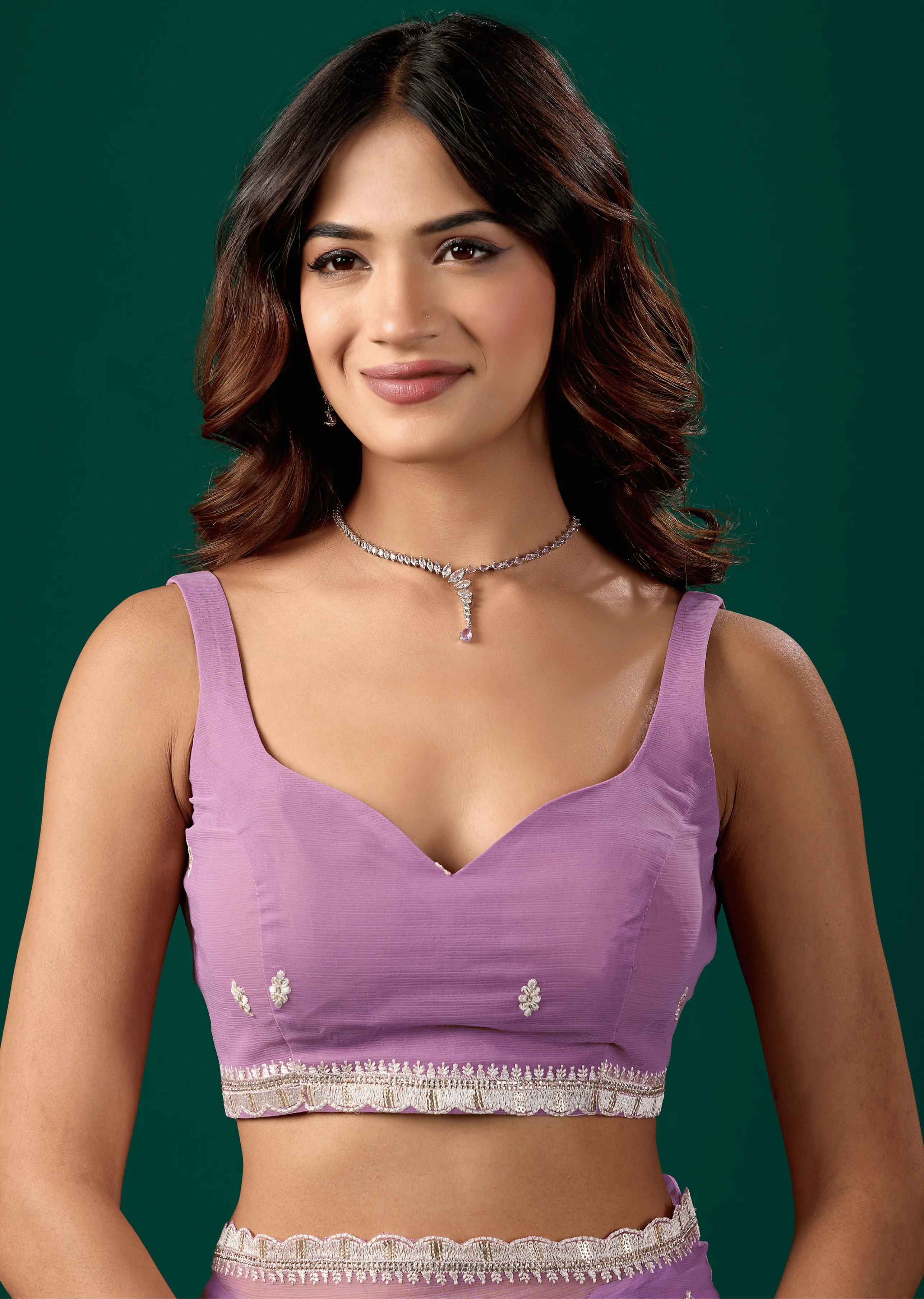 Lavender Chiffon Saree Blouse Close Up - Stone Work Design