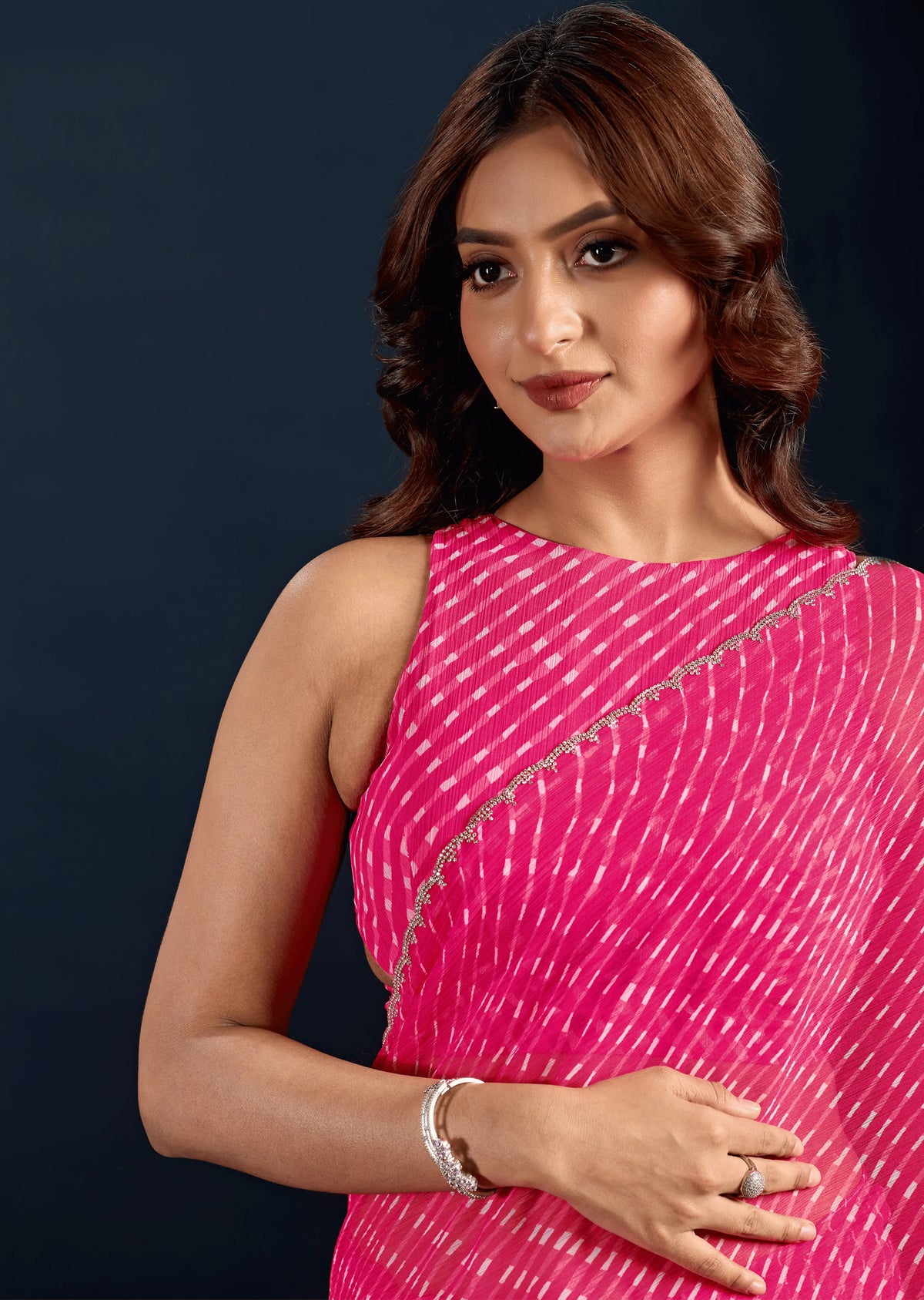 Rani Pink Chiffon Saree Standing Look - Party Wear Saree