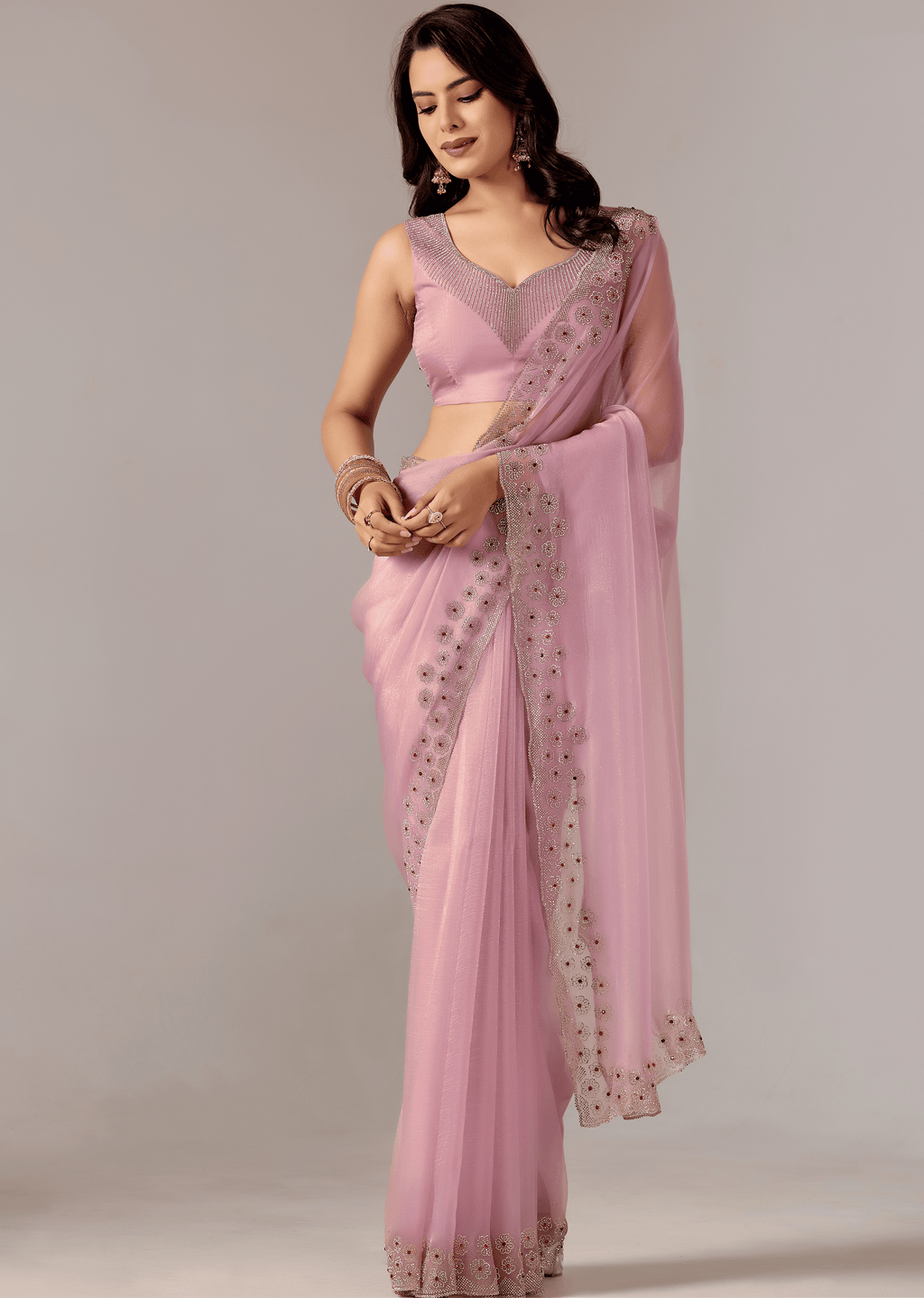 Lavender Purple Tissue Saree With Stone Embroidery