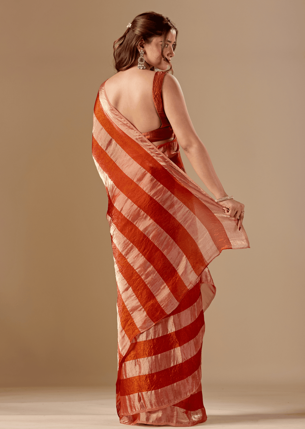 Copper Rust Tissue Silk Saree With Metallic Stripe Weave