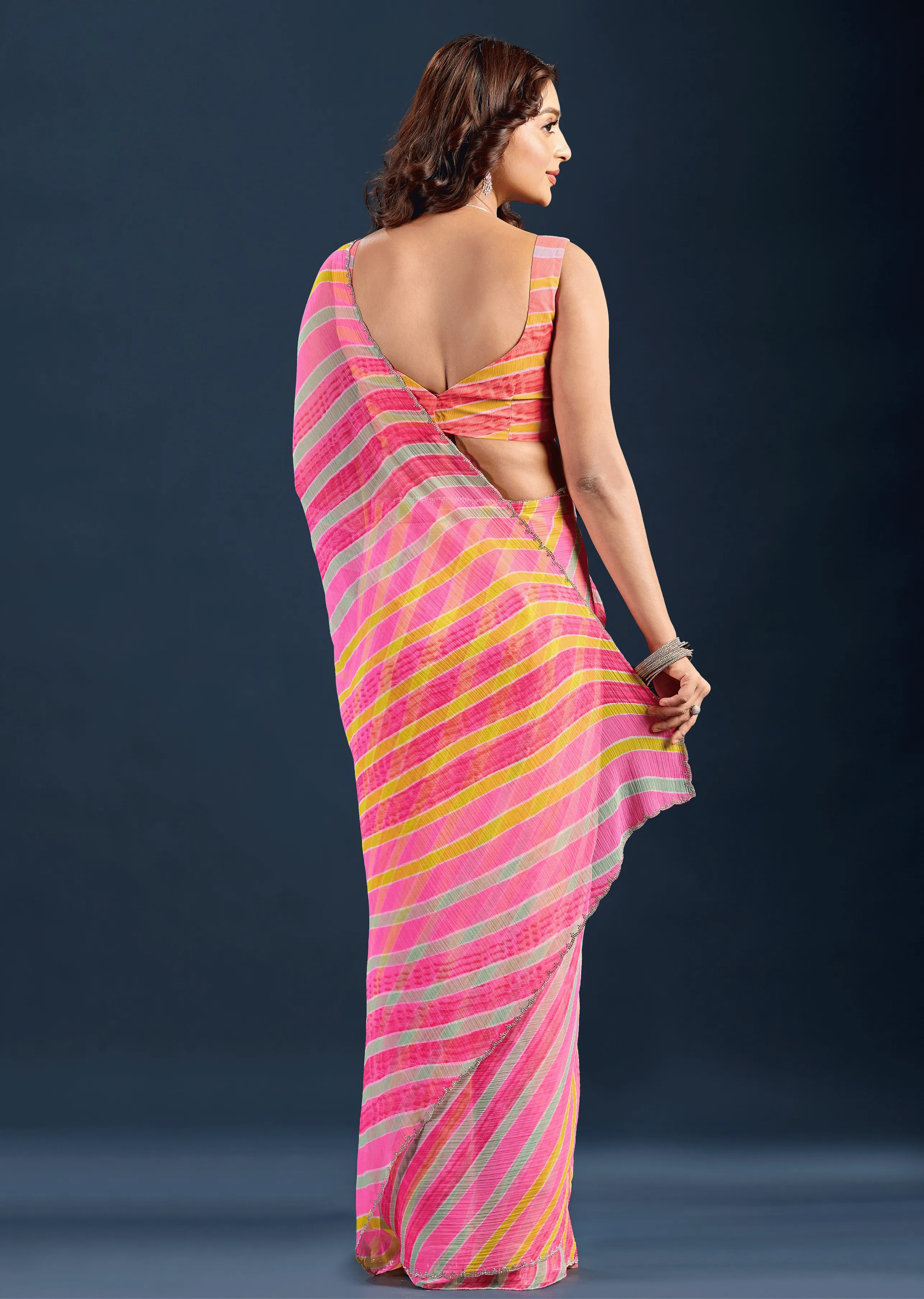Red Chiffon Saree Back Pose - Striped Print Detail