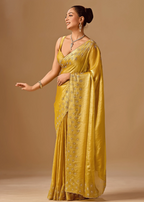 Golden Mustard Tissue Silk Saree With Crystal Stone Border