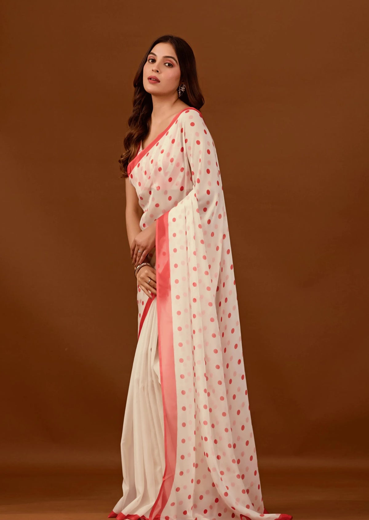 White Soft Organza Saree With Polka Dot Print