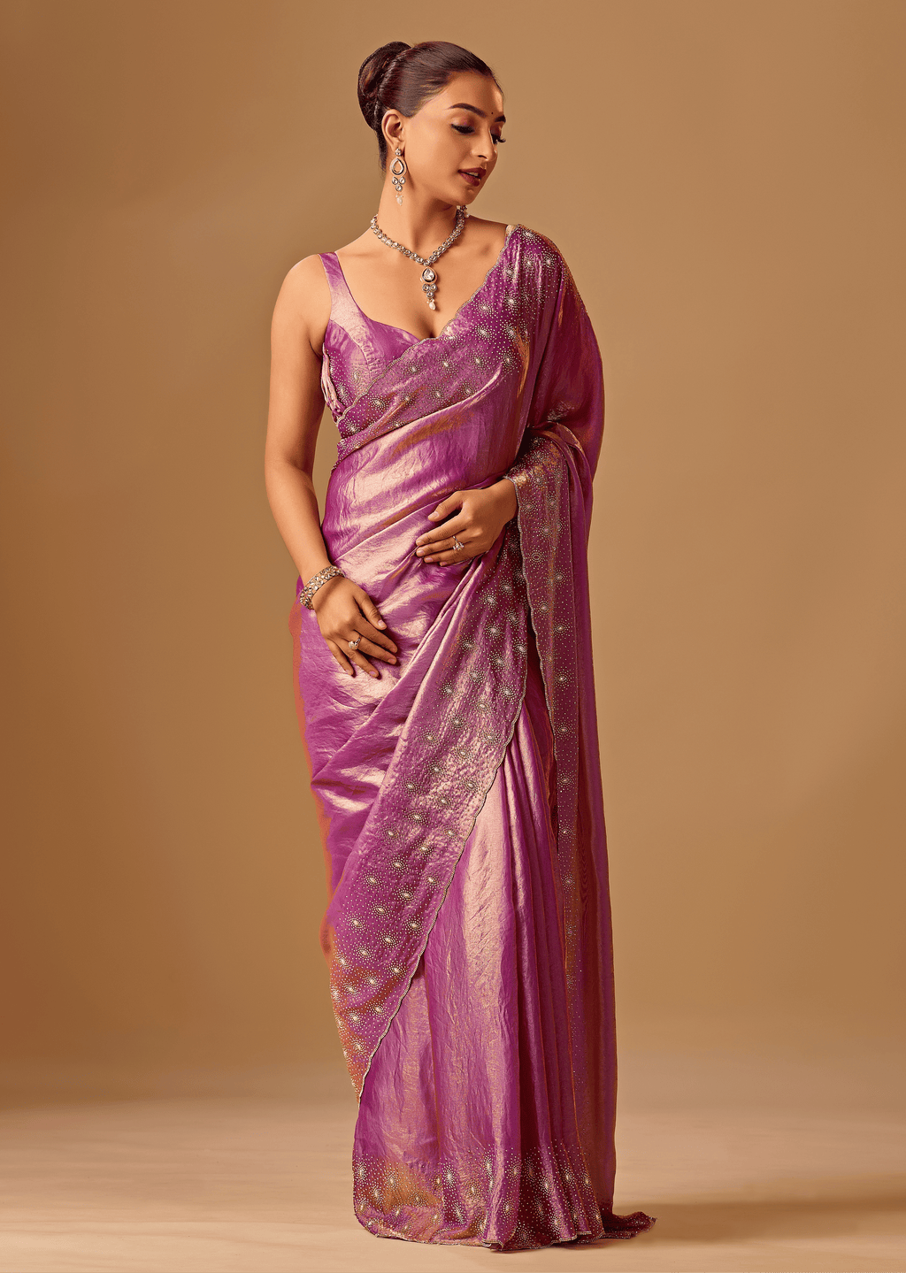 Orchid Purple Tissue Silk Saree With Stone Embroidery