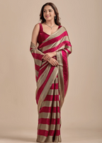 Berry Wine Tissue Silk Saree With Metallic Stripe Weave - Photo 3 | Buy Online Ethnic9