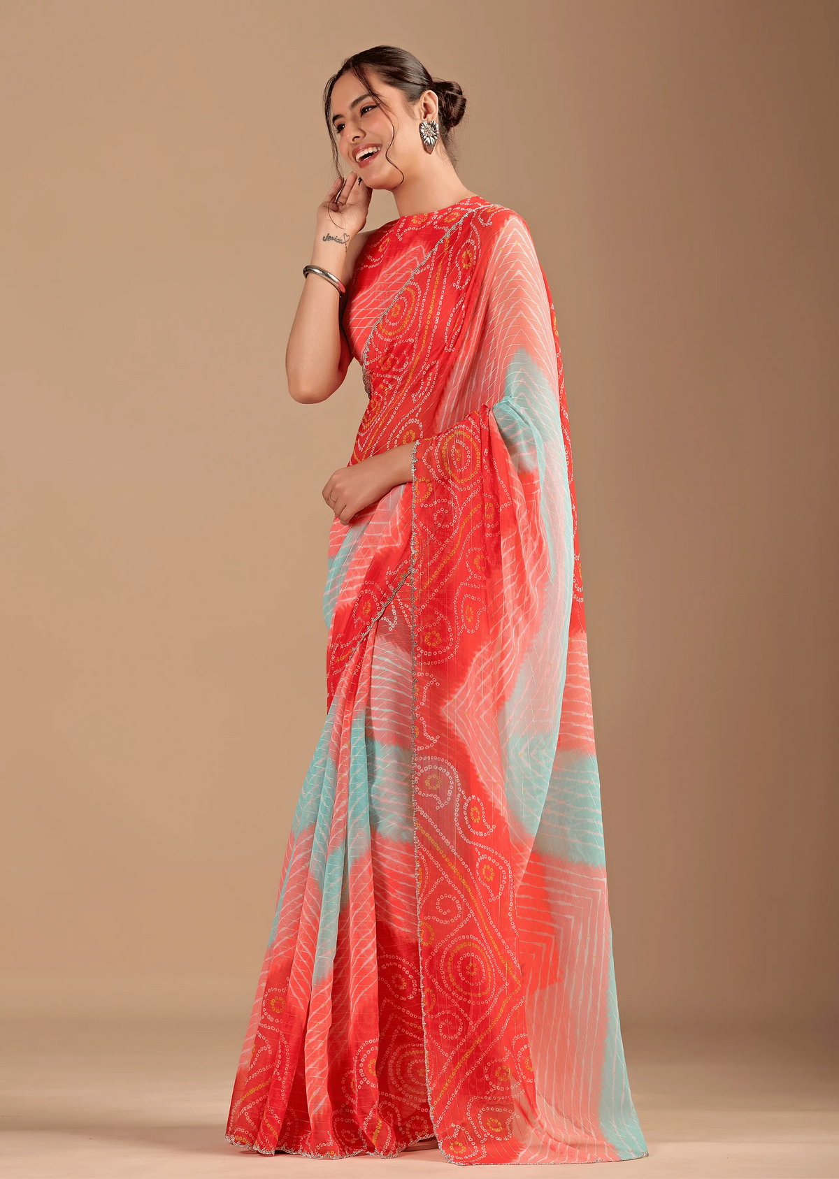 Orange Chiffon Saree Standing Look - Festive Wear Saree