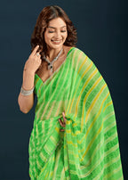  Parrot Green Chiffon Saree Standing Look - Festive Wear Saree