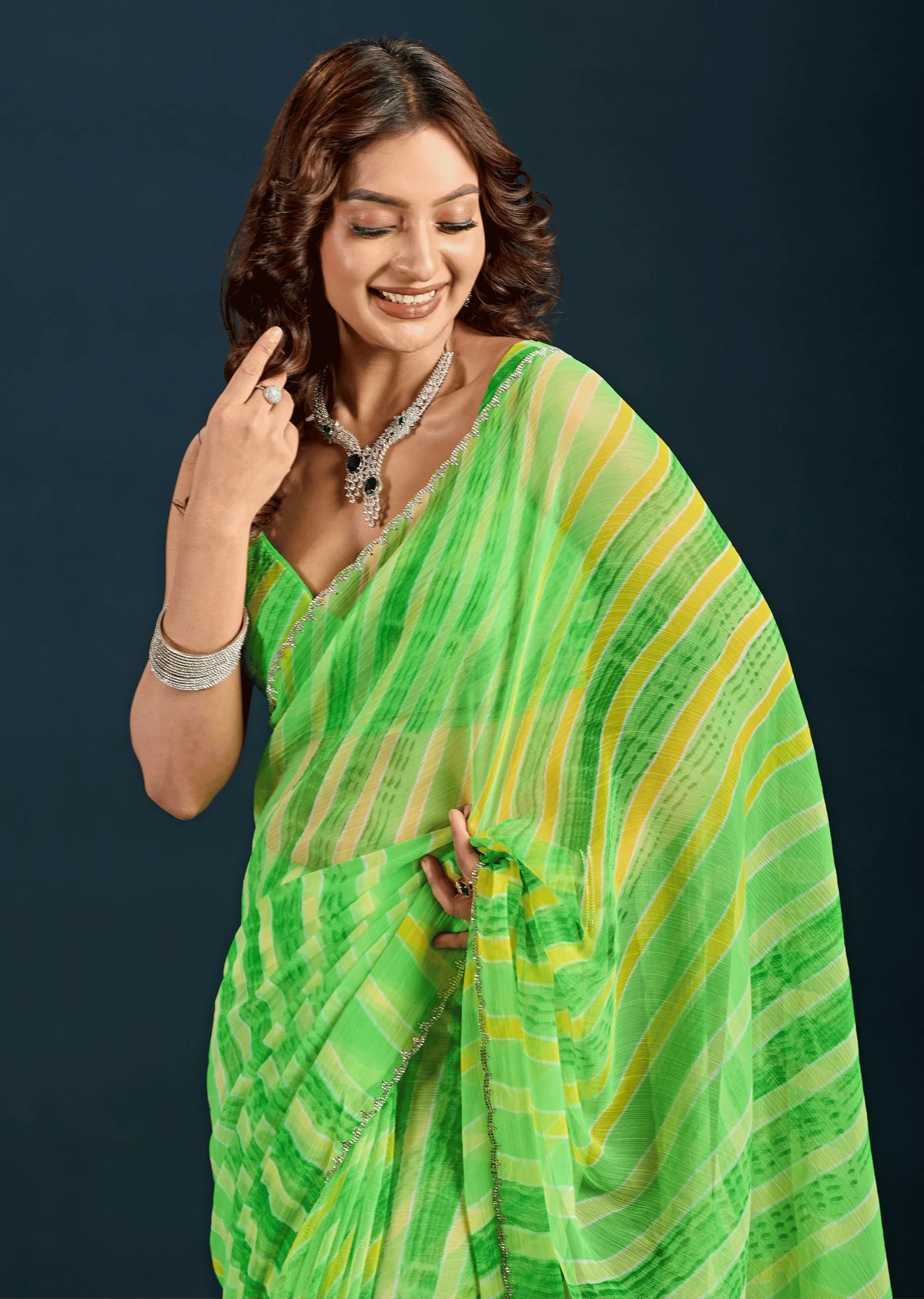 Parrot Green Chiffon Saree Standing Look - Festive Wear Saree
