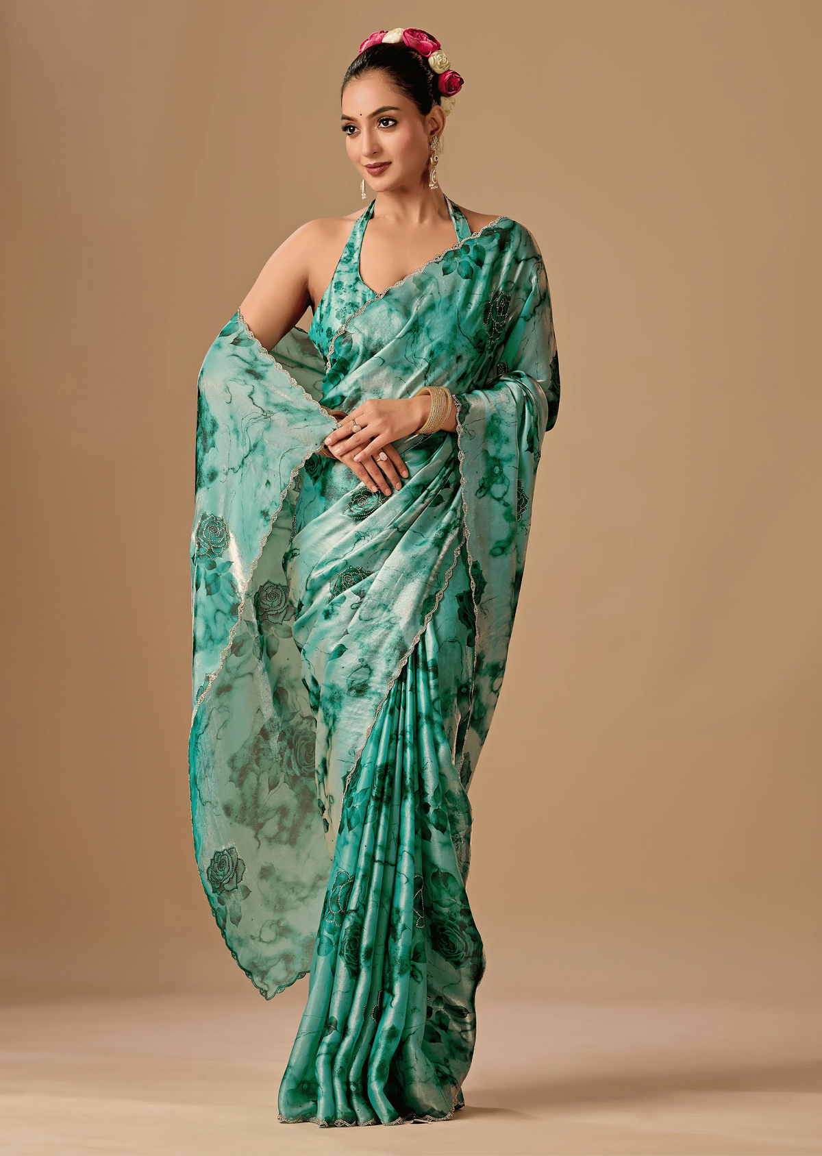  Sea Green Organza Silk Saree With Stone Work - Front Look | Buy On Ethnic9