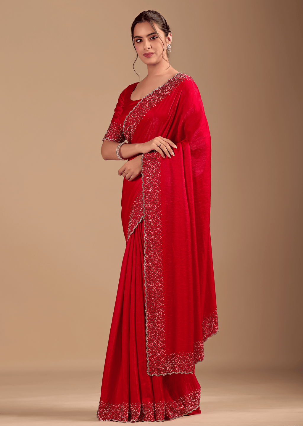 Red Tissue Silk Saree With Stone Work Border