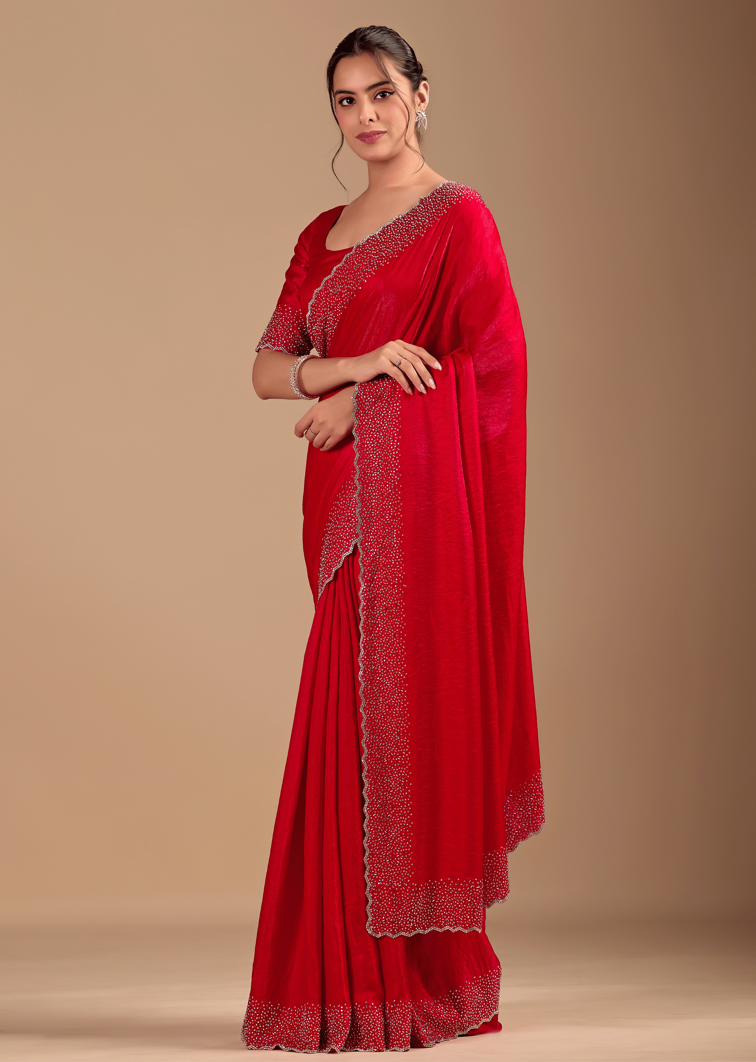 Red Tissue Silk Saree With Stone Work Border