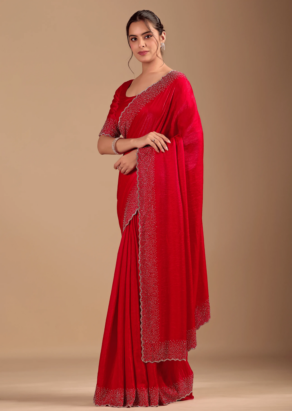Red Tissue Silk Saree Standing Look - Party Wear Saree