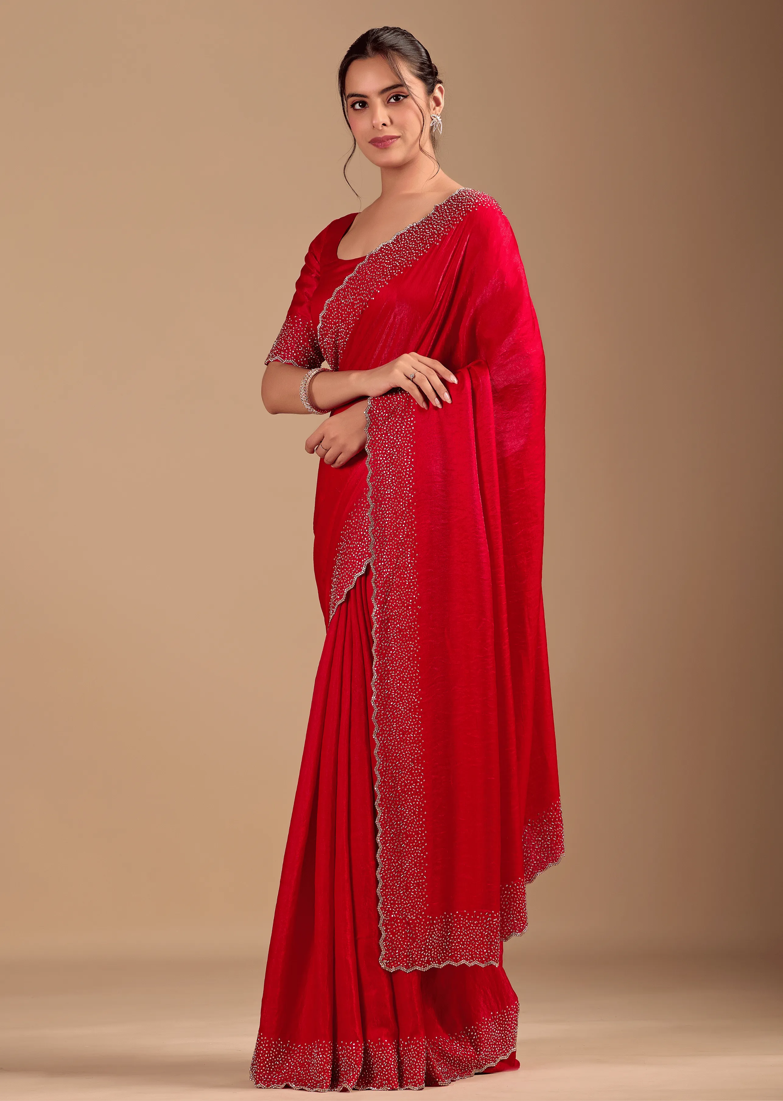 Red Tissue Silk Saree Standing Look - Party Wear Saree