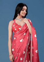 Coral Red Organza Silk Saree With Heart Print