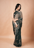 Bottle Green Organza Silk Saree With Foil Botanical Print
