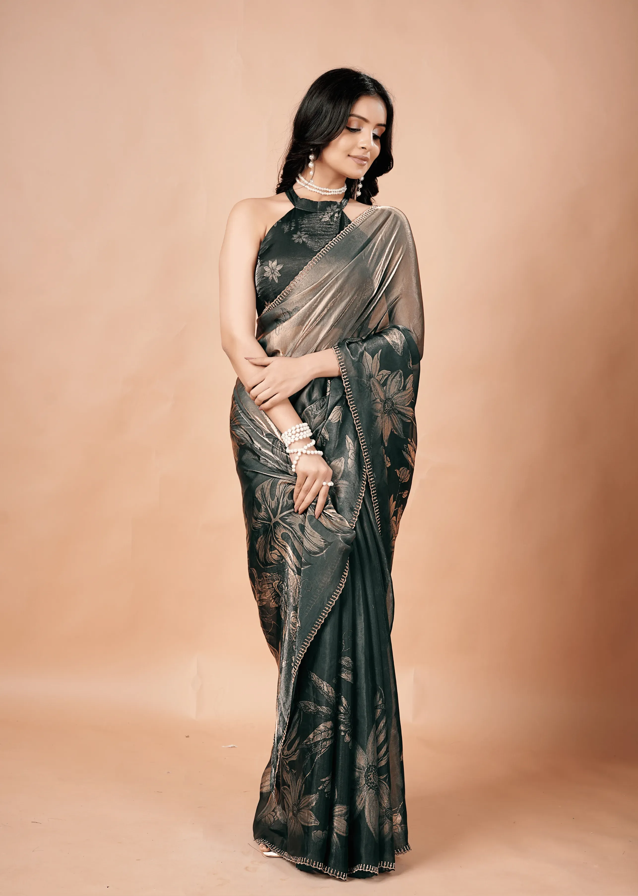 Bottle Green Organza Silk Saree With Foil Botanical Print