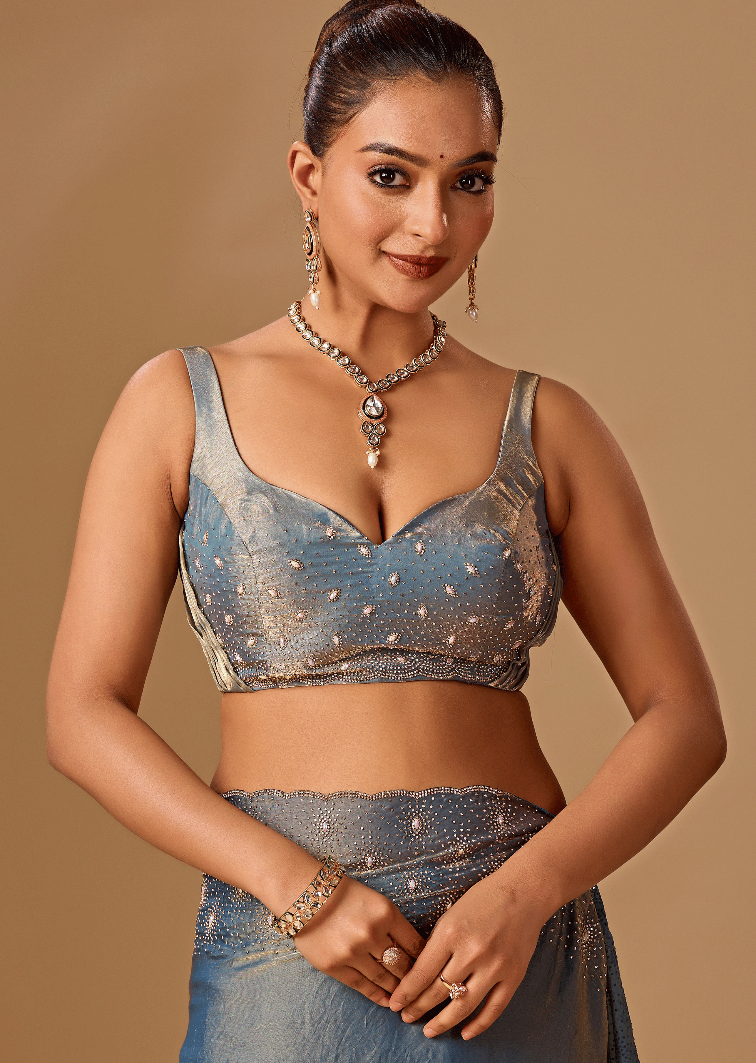 Steel Blue Tissue Silk Saree With Stone Work
