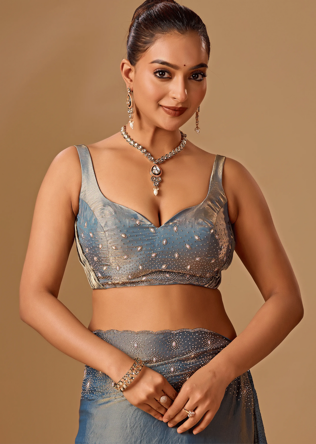 Steel Blue Tissue Silk Saree Side Pose - Wedding Wear Saree