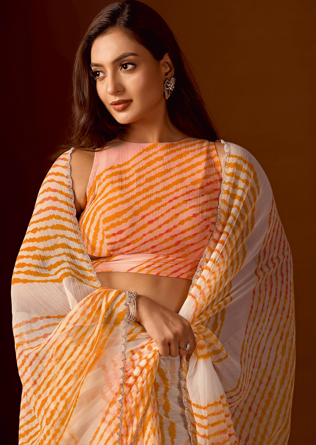 Mustard Yellow Chiffon Saree With Leheriya Print