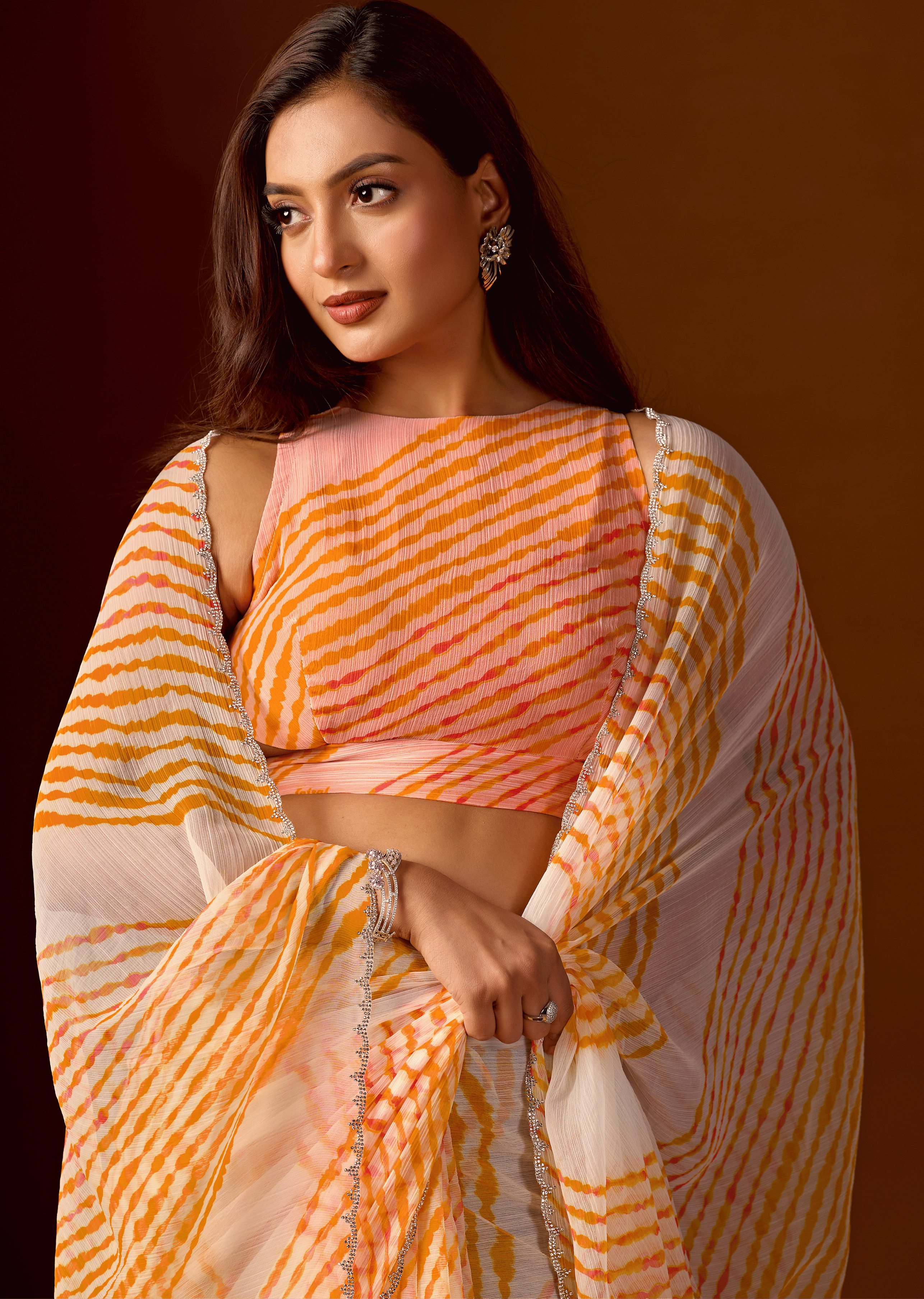Mustard Yellow Chiffon Saree With Leheriya Print