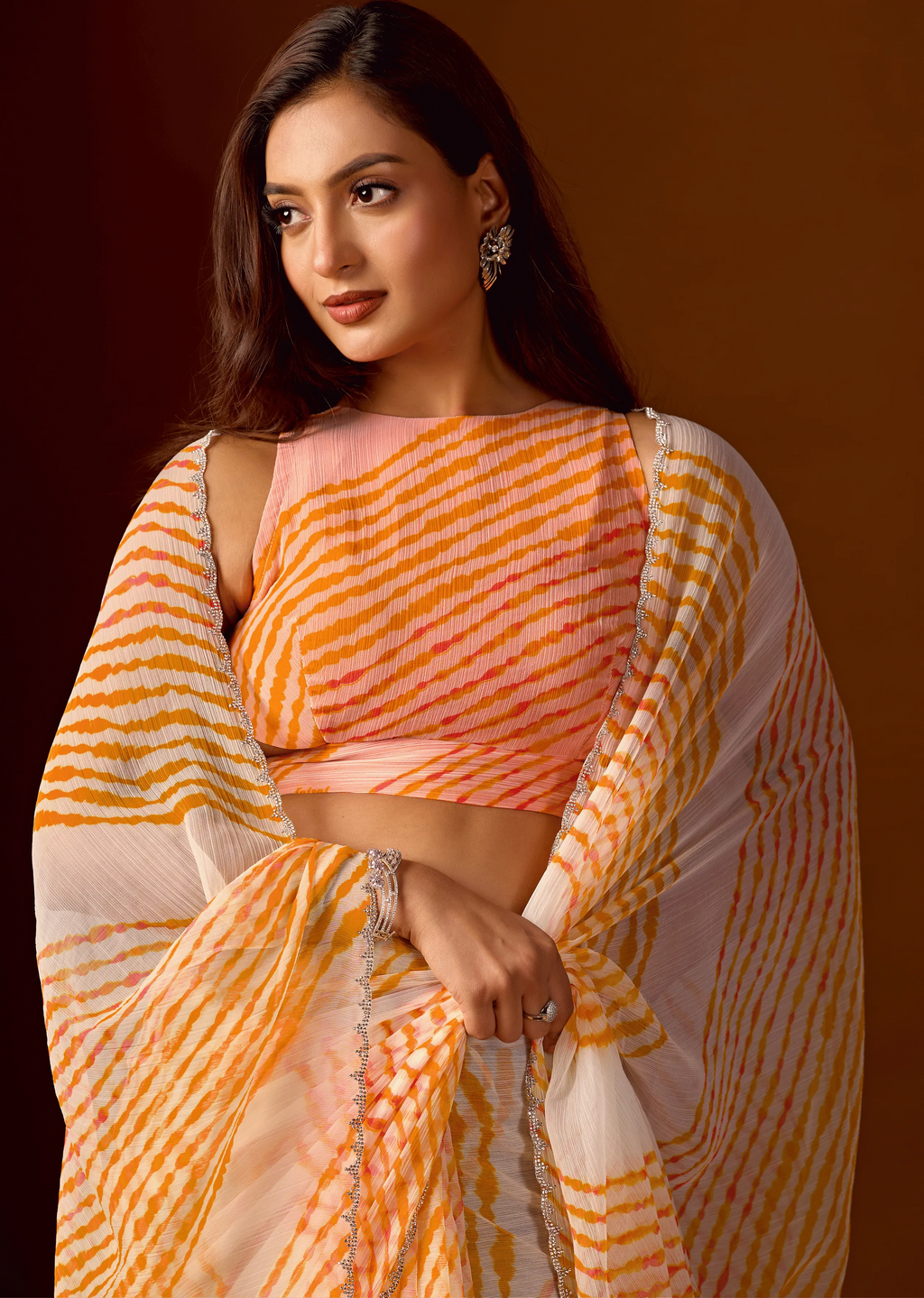 Mustard Yellow Chiffon Saree Standing Look - Party Wear Saree
